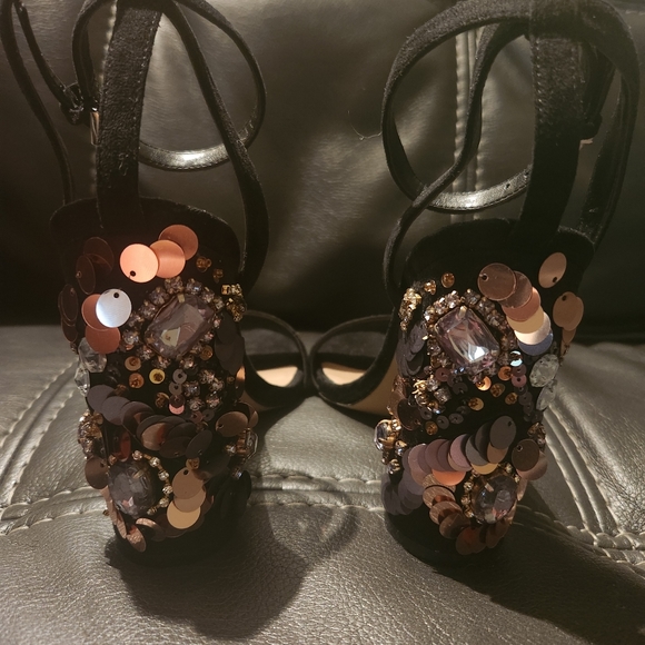 Aldo Luciaa Black Suede Open Toe Crystal Stone Block Heel NEW - Picture 9 of 9